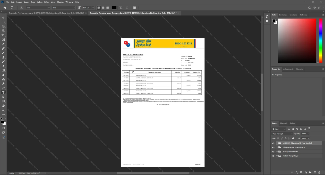 India Andhra Bank Bank Statement Template, Premium editable file in Word and PDF formats