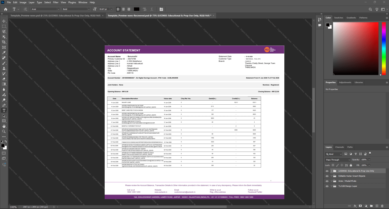 India AU Small Finance Bank AU Bank Statement Template, Standard printable layout in Word and PDF