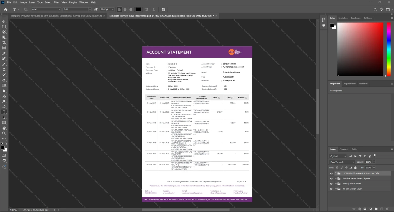India AU Small Finance Bank Bank Statement Template, Corporate style document in Word and PDF formats