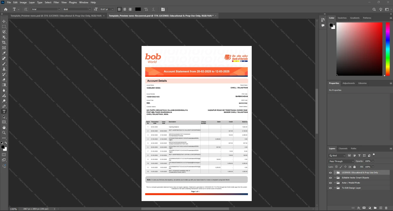 India Bank of Baroda Bank Statement Template, Standard layout in DOCX and PDF