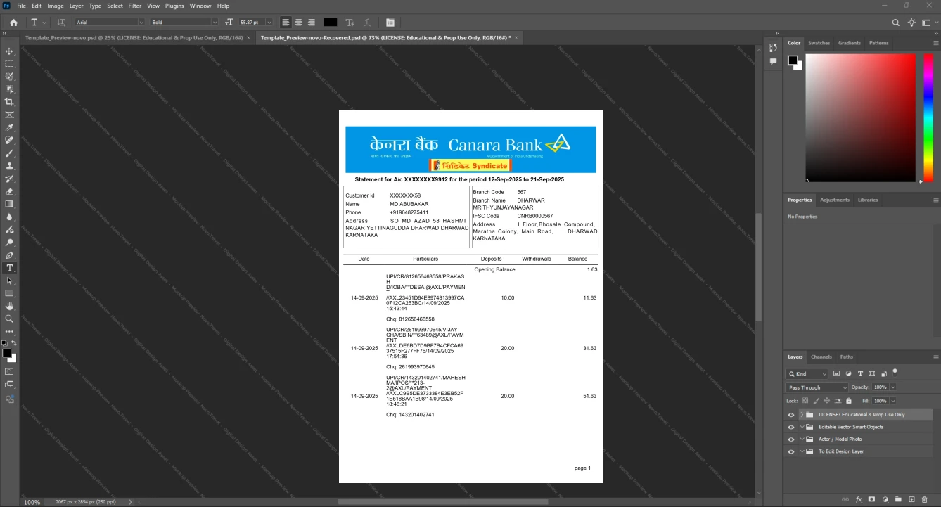 India Canara Bank Bank Statement Template, Blank template in Word and PDF format