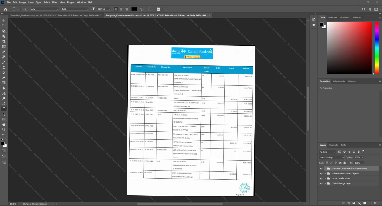 India Canara Bank Bank Statement Template, Customizable layout available in Word and PDF, Page 2