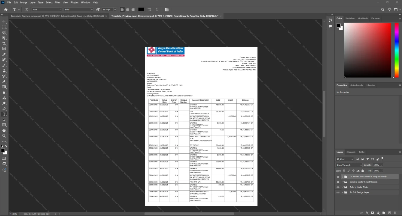 India Central Bank of India Bank Statement Template, Fully structured template in Word and PDF format