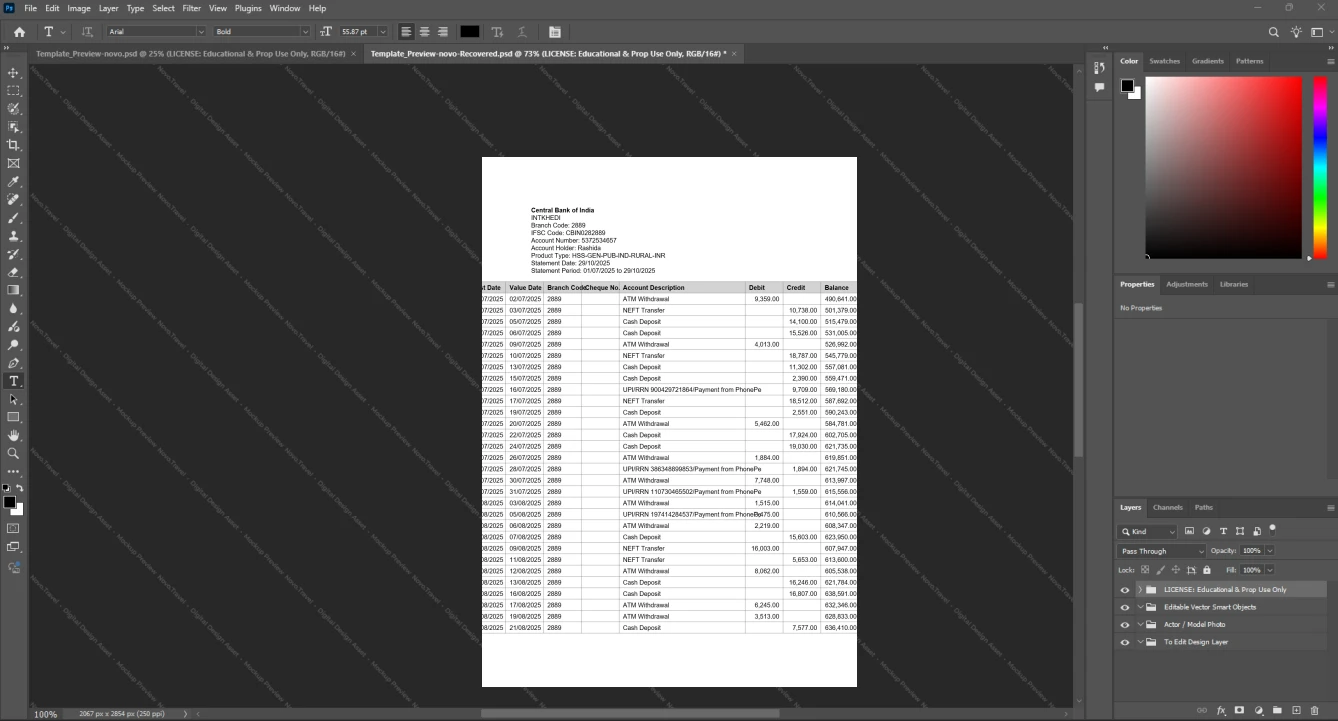 India Central Bank of India Bank Statement Template, Quick edit digital asset in Word and PDF