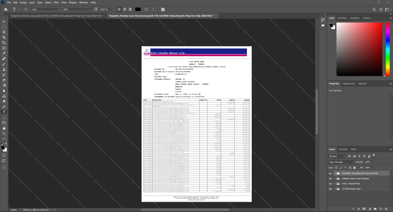 India City Union Bank Bank Statement Template, Ready to print in Word and PDF format