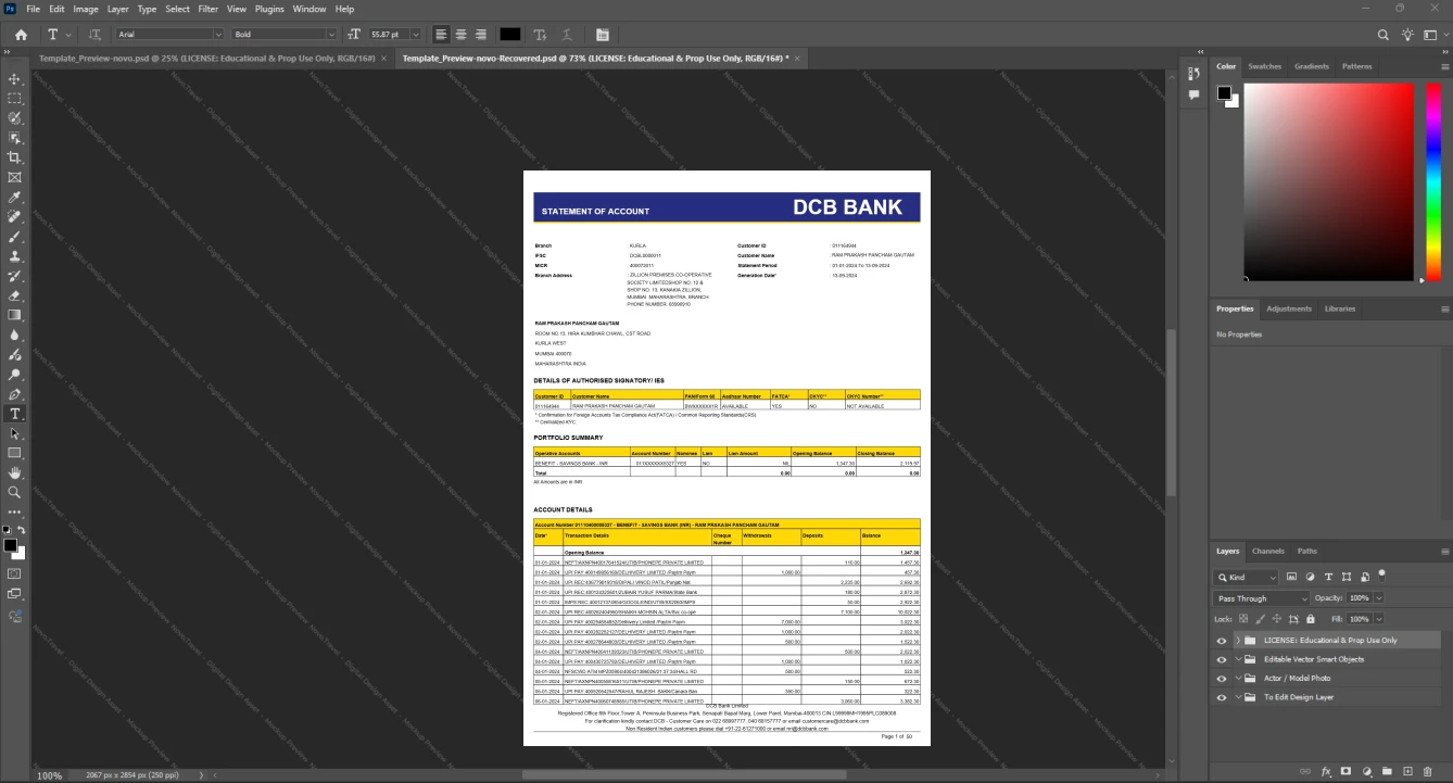India DCB Bank DCB Bank Statement Template, Print-ready template in Word and PDF