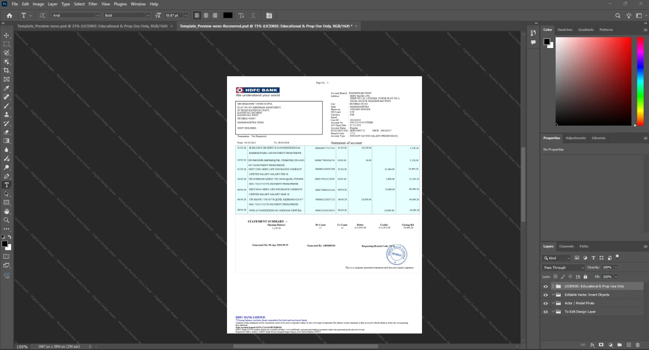 India HDFC Bank Limited Bank Statement Template, Quick edit digital asset in Word and PDF, Page 3