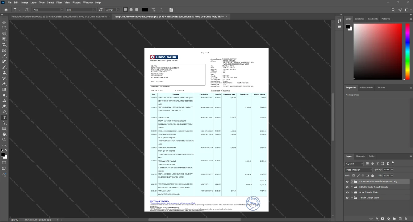 India HDFC Bank Limited Bank Statement Template, Ready to print in Word and PDF format