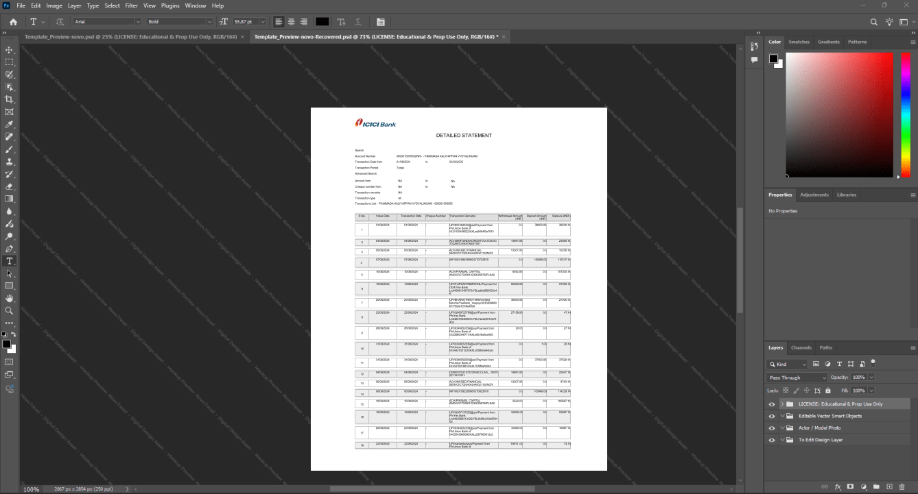 India ICICI Bank Bank Statement Template, Customizable layout available in Word and PDF