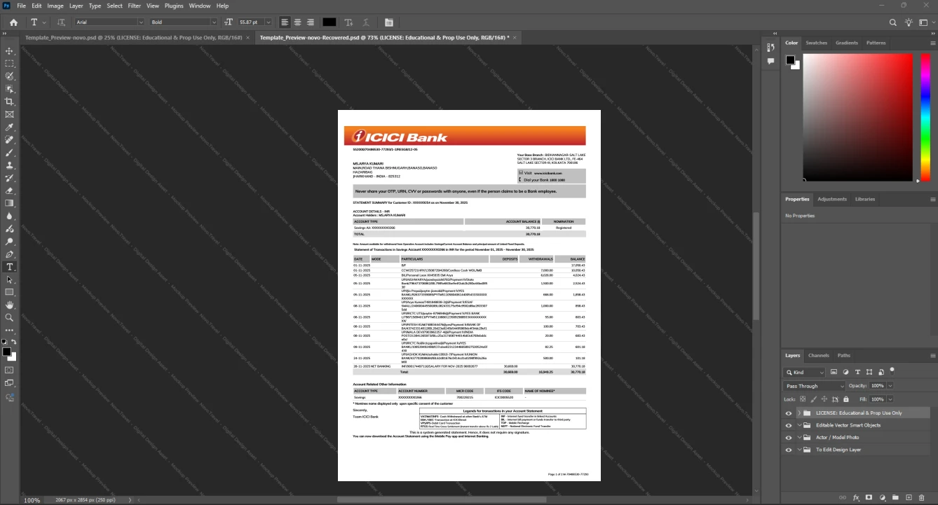India ICICI Bank Limited Bank Statement Template, Customizable layout available in Word and PDF