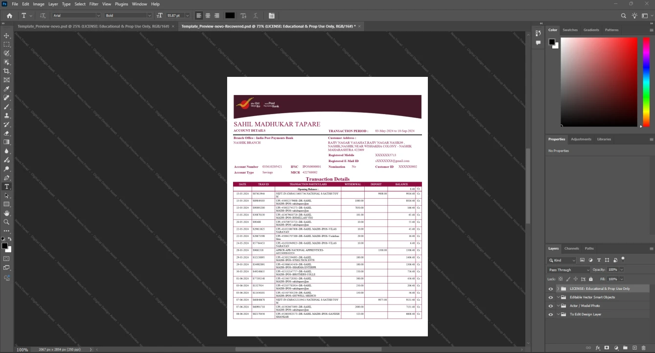 India India Post Payments Bank Bank Statement Template, Customizable document in Word and PDF format