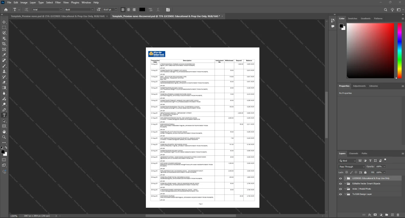 India Indian Bank Bank Statement Template, Corporate style document in Word and PDF formats, Page 2