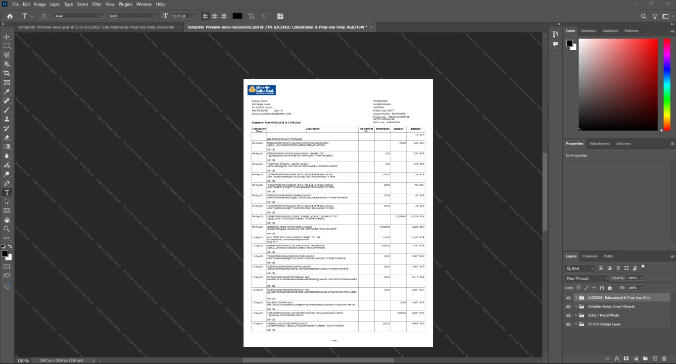 India Indian Bank Bank Statement Template, Standard printable layout in Word and PDF
