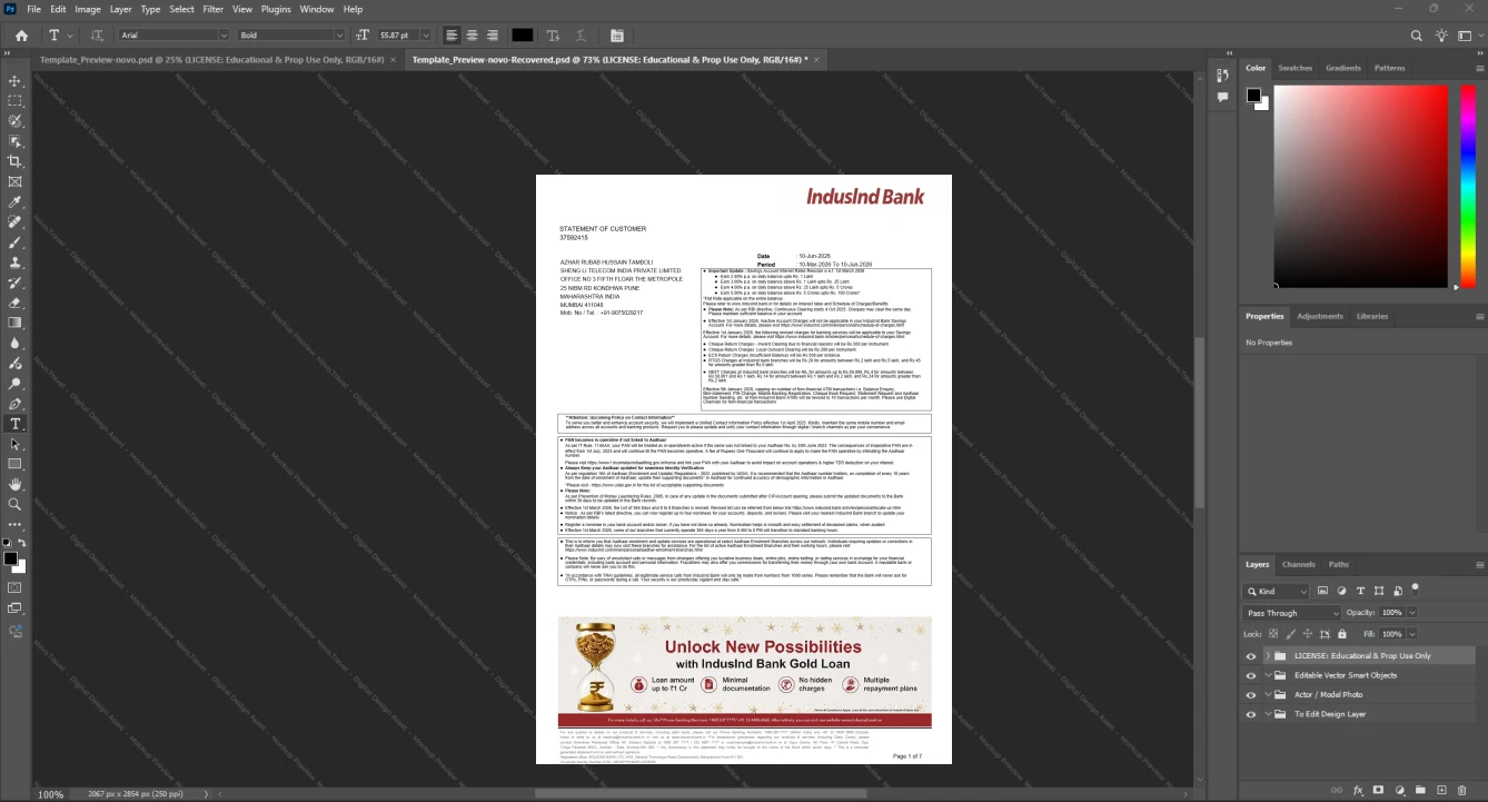 India IndusInd Bank Bank Statement Template, High-quality template in Word and PDF format