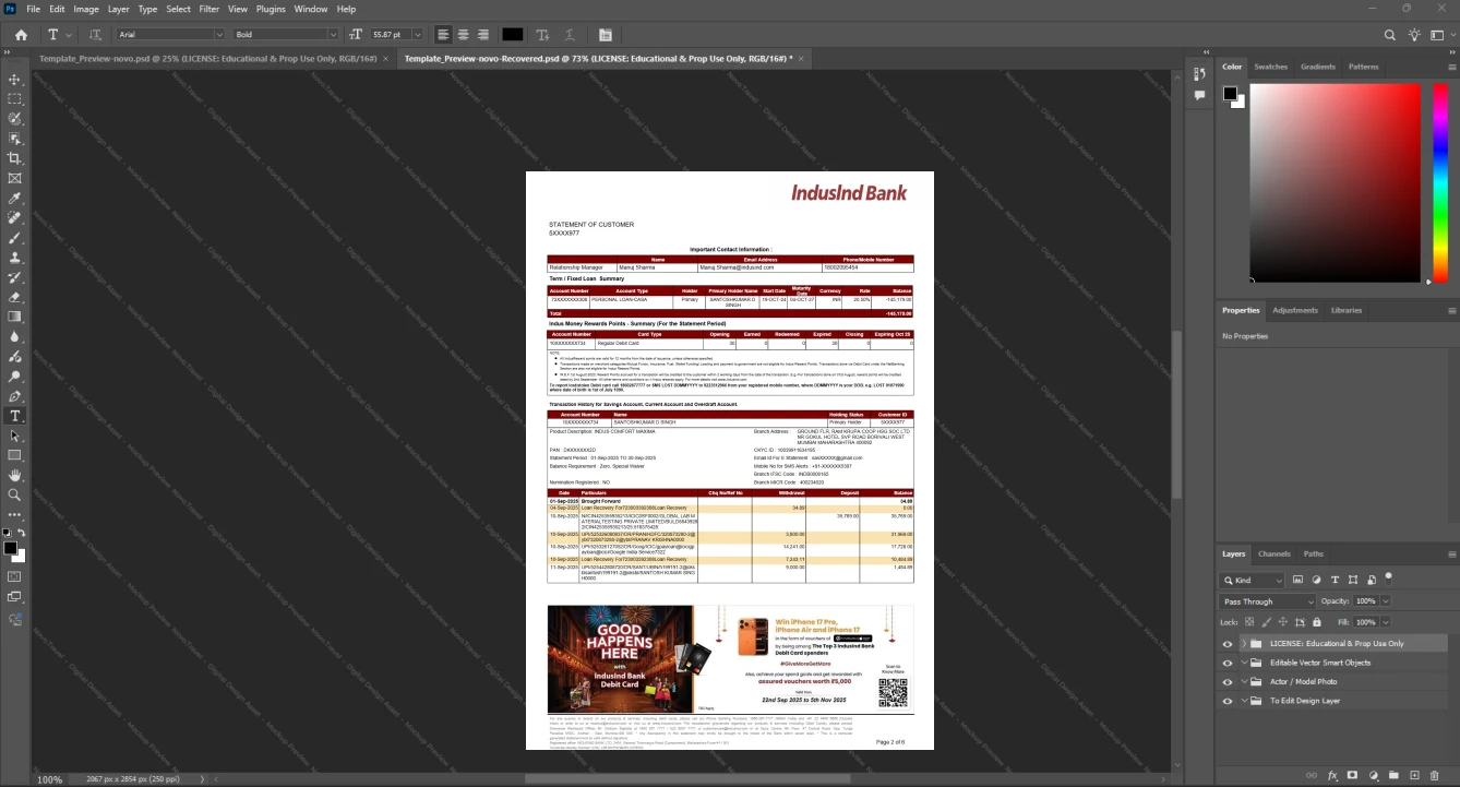 India IndusInd Bank Bank Statement Template, Ready to print in Word and PDF format, Page 2