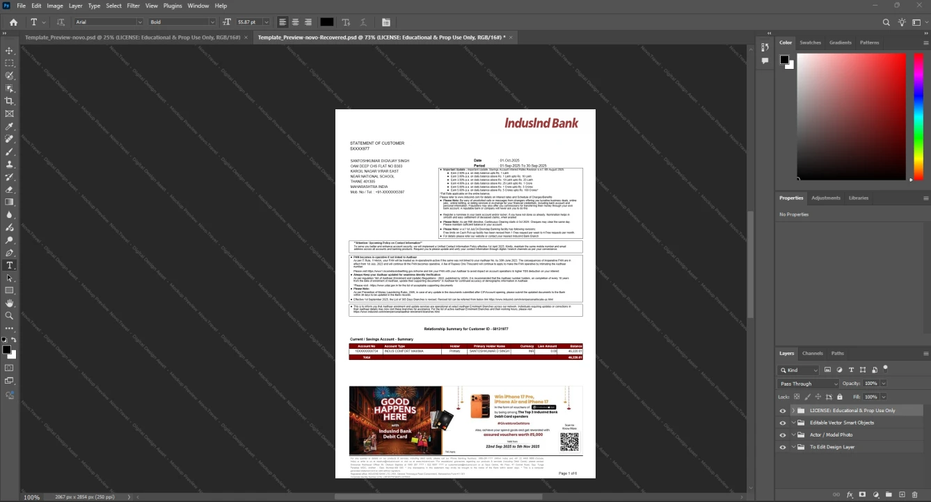 India IndusInd Bank Bank Statement Template, Available in editable Word and PDF format
