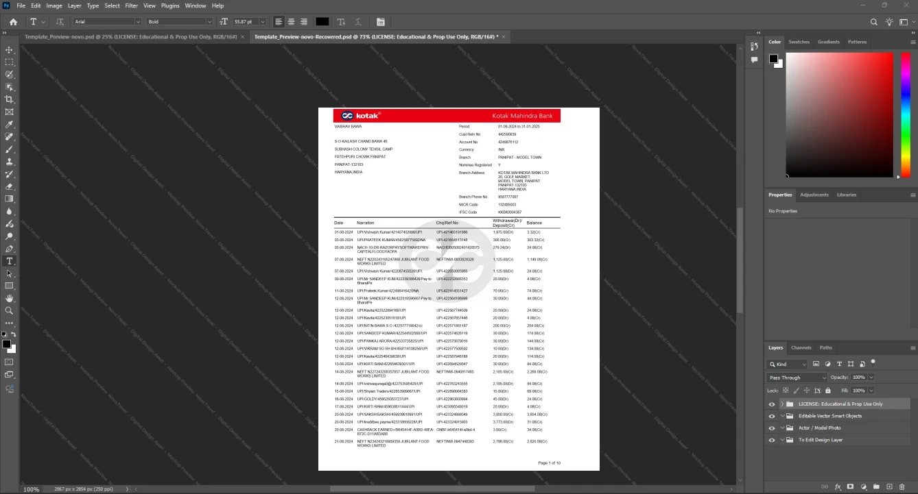 India Kotak Mahindra Bank Bank Statement Template, Fully structured template in Word and PDF format