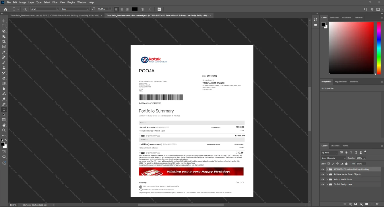 India Kotak Mahindra Bank Bank Statement Template, Digital download template in Word and PDF