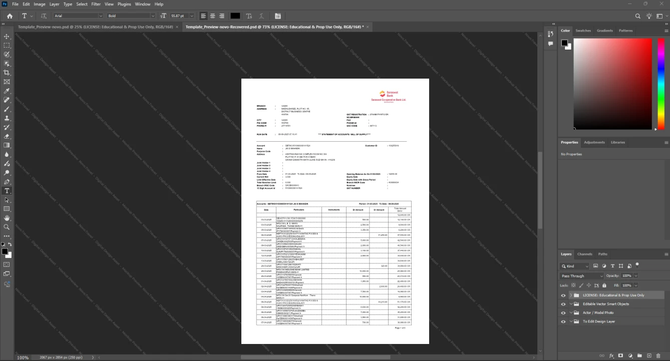 India Saraswat Cooperative Bank Ltd Bank Statement Template, Available in editable Word and PDF format