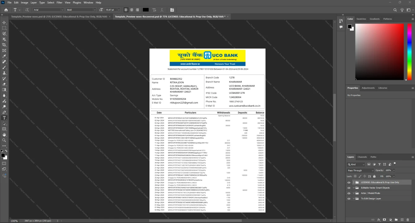 India UCO Bank Bank Statement Template, Fully structured template in Word and PDF format