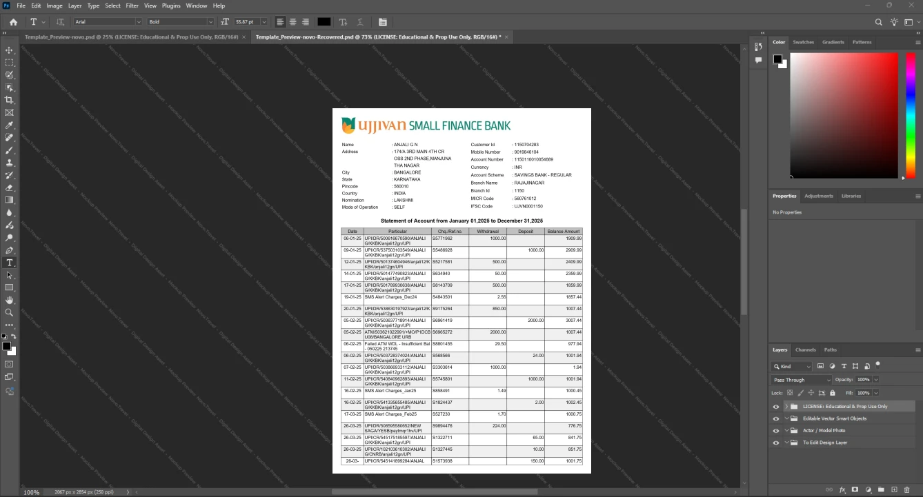 India Ujjivan Small Finance Bank Bank Statement Template, Ready to print in Word and PDF format
