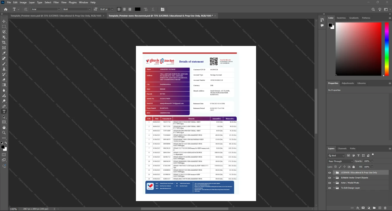 India Union Bank Bank Statement Template, Premium editable file in Word and PDF formats