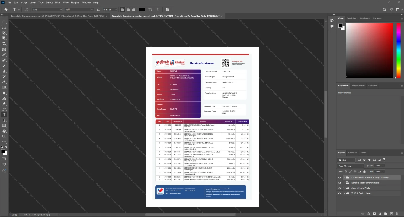India Union Bank Bank Statement Template, Fully structured template in Word and PDF format