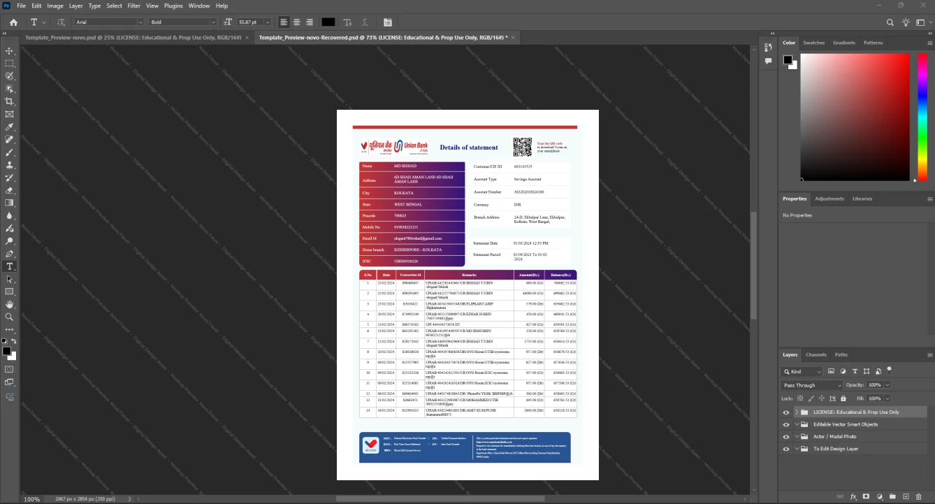India Union Bank of India Bank Statement Template, Standard layout in DOCX and PDF