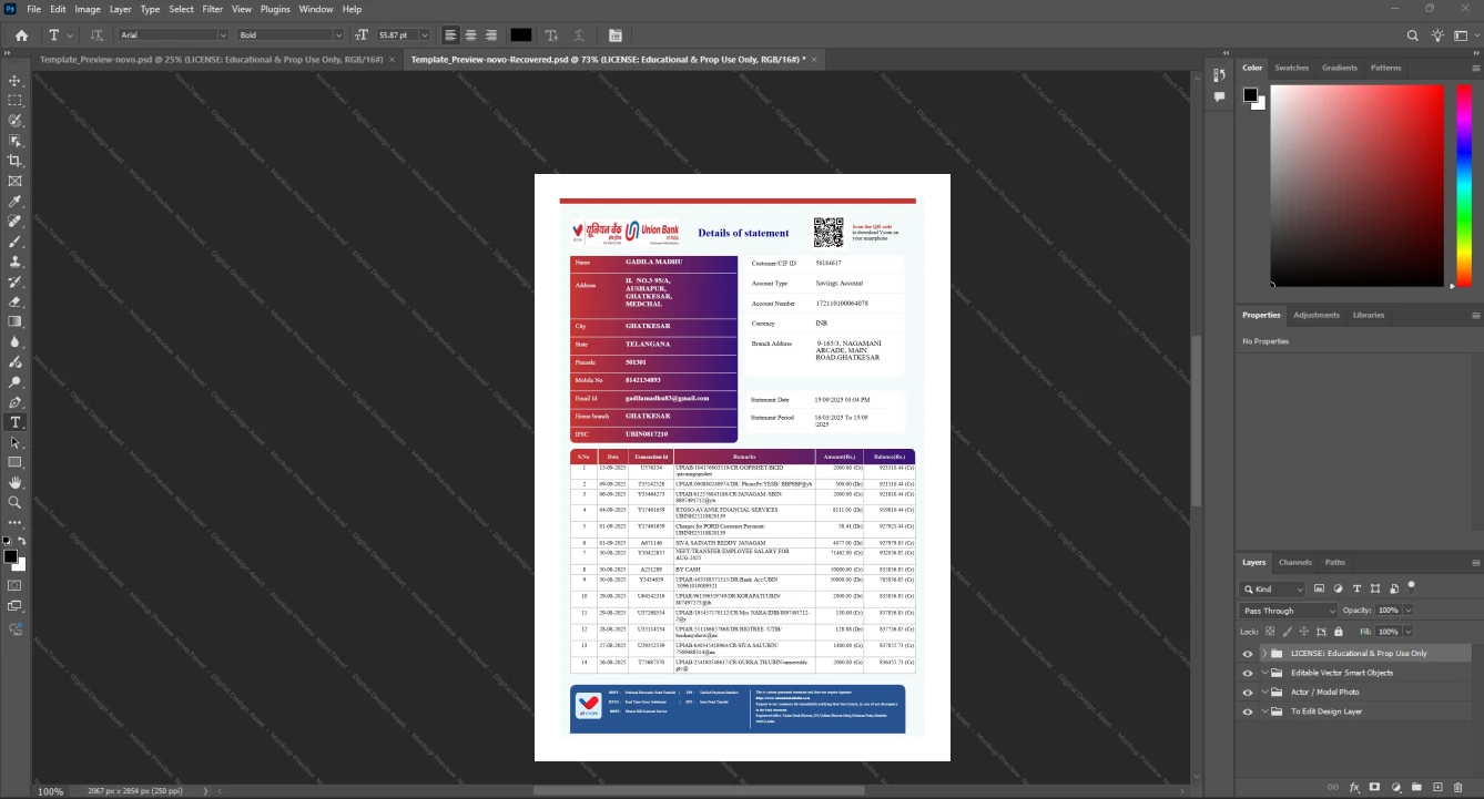 India Union Bank of India Bank Statement Template, Digital download template in Word and PDF
