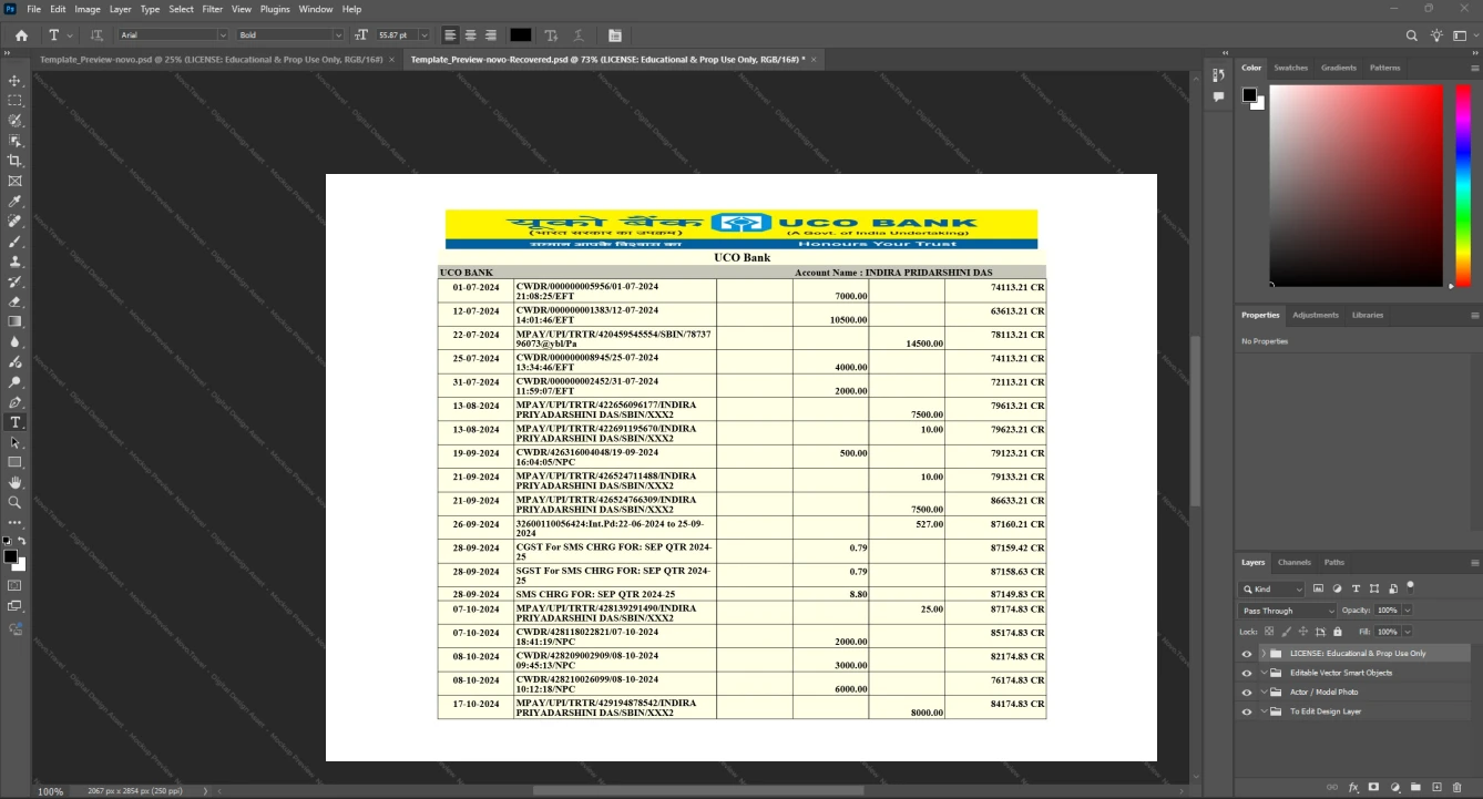 India United Commercial Bank UCO Bank Bank Statement Template, Easily modifiable Word and PDF format, Page 2