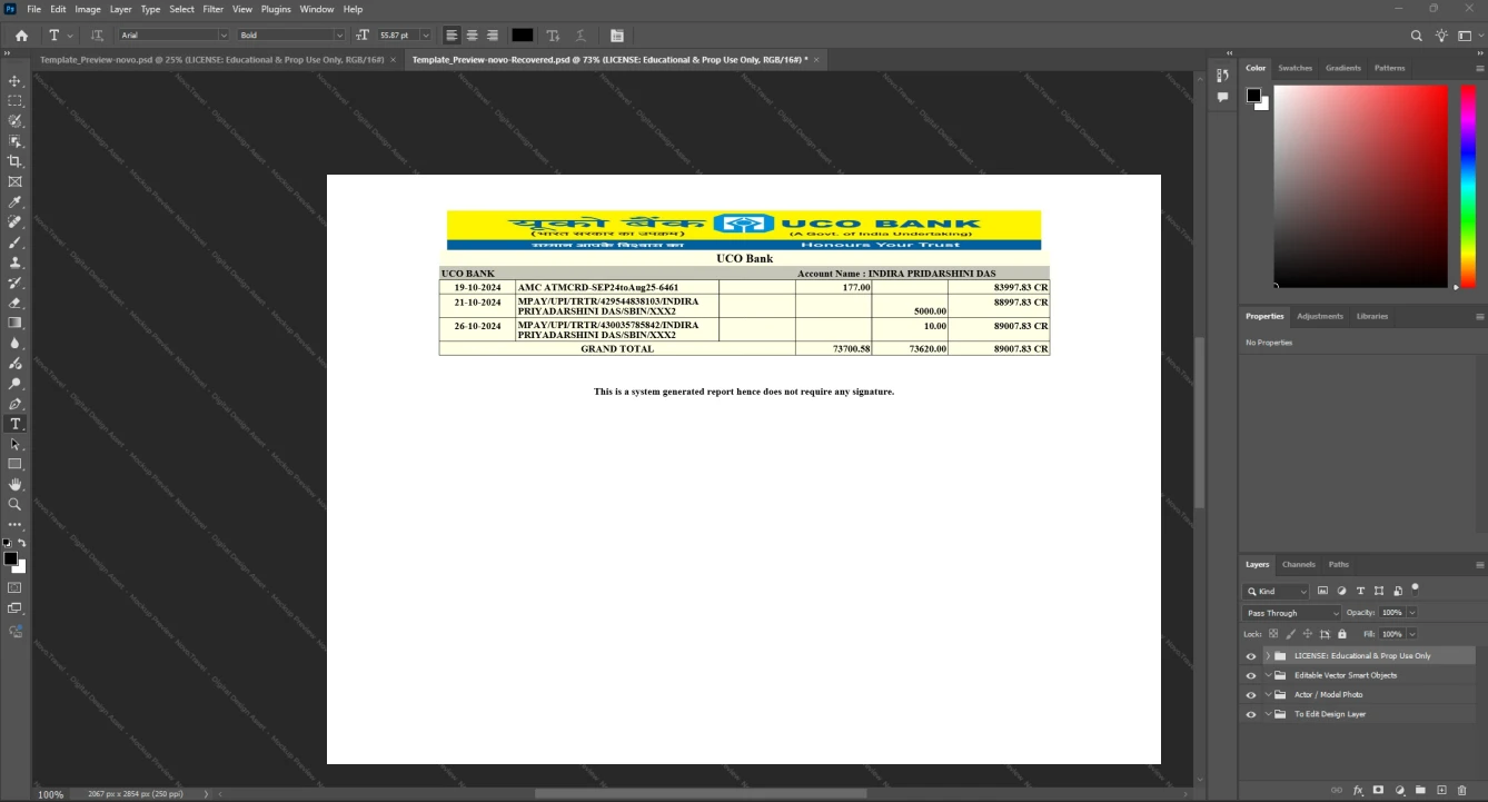 India United Commercial Bank UCO Bank Bank Statement Template, Available in editable Word and PDF format, Page 3