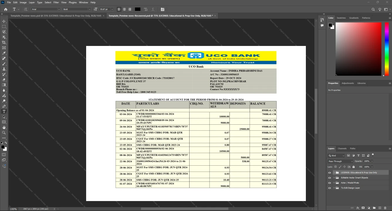 India United Commercial Bank UCO Bank Bank Statement Template, Standard layout in DOCX and PDF