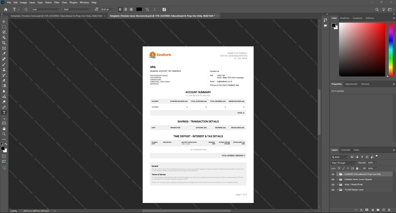 Indonesia Seabank Bank Statement Template, Clean typography design in Word and PDF format
