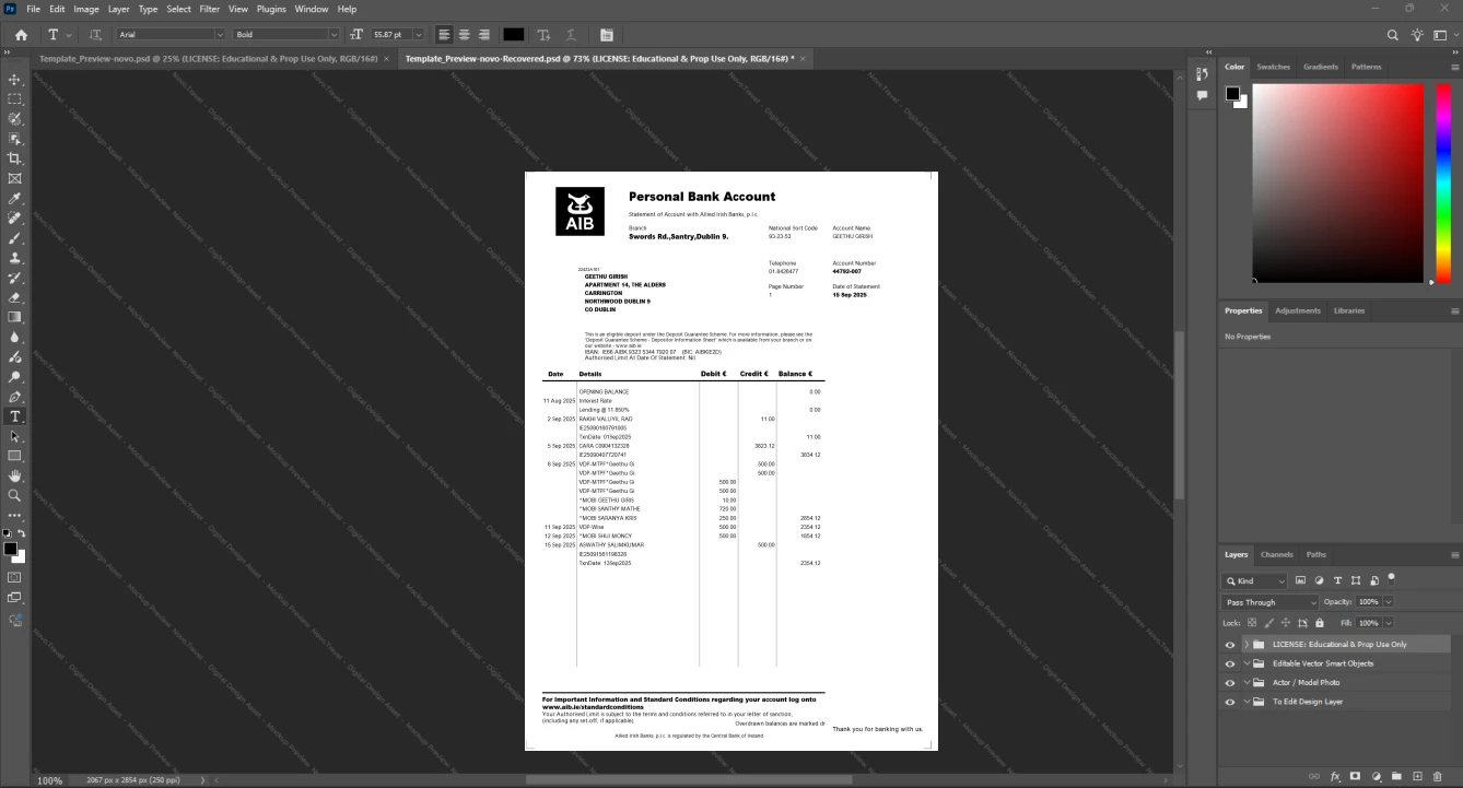 Ireland Allied Irish Banks AIB Bank Statement Template, Quick edit digital asset in Word and PDF