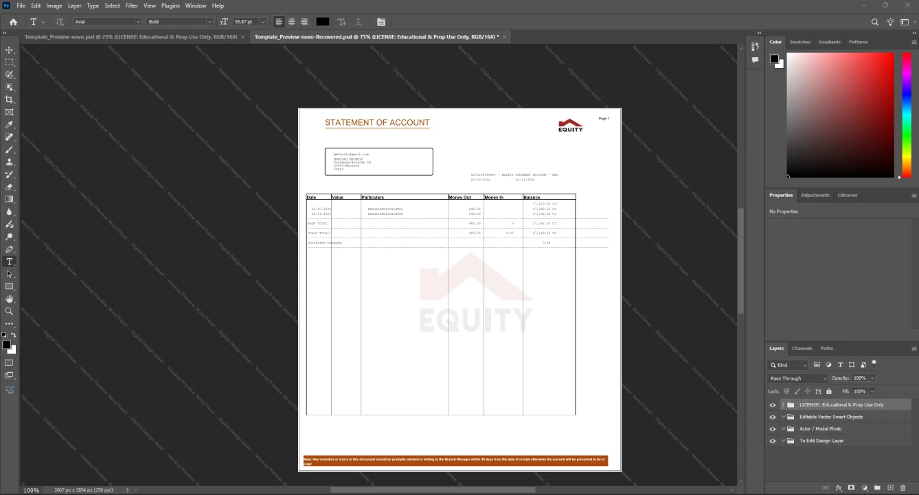 Kenya Equity Bank Bank Statement Template, Digital download template in Word and PDF