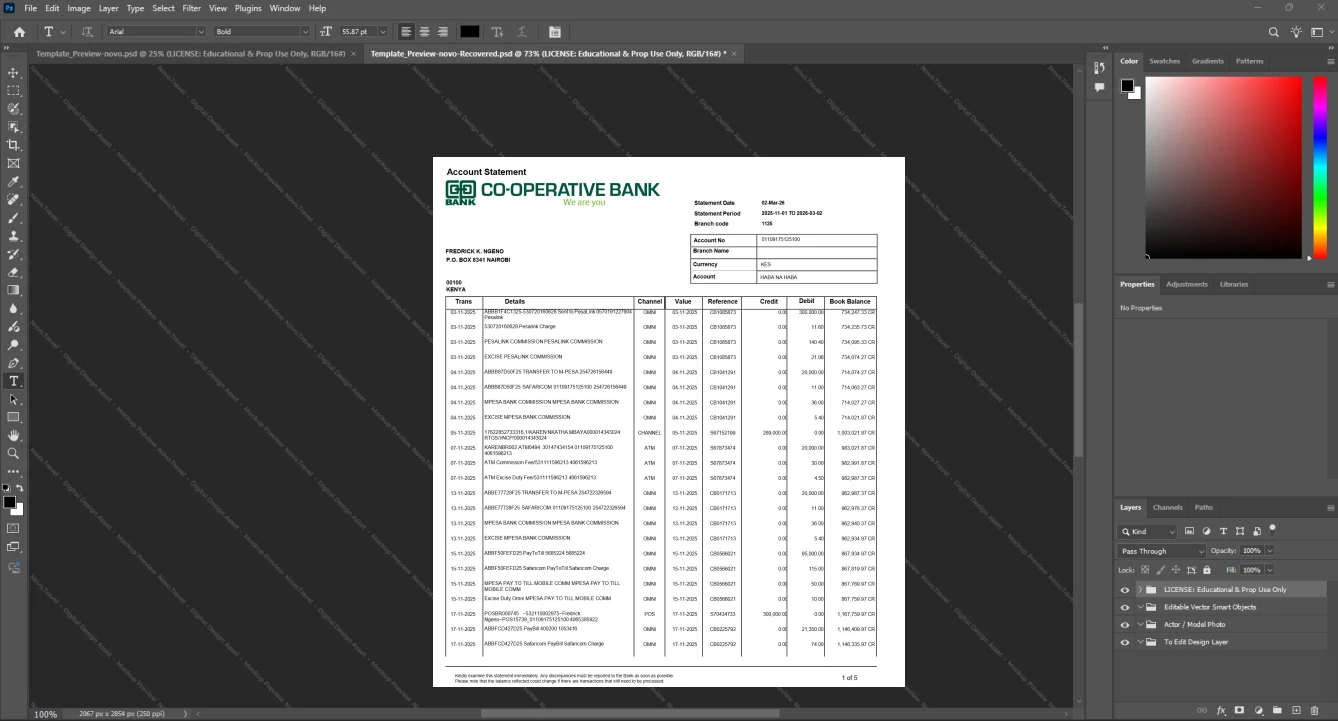 Kenya Equity Bank Bank Statement Template, Standard printable layout in Word and PDF