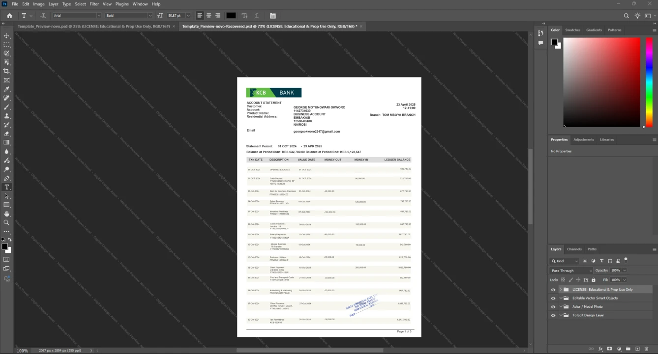 Kenya Kenya Commercial Bank KCB Business Account Statement Template, Customizable layout available in Word and PDF