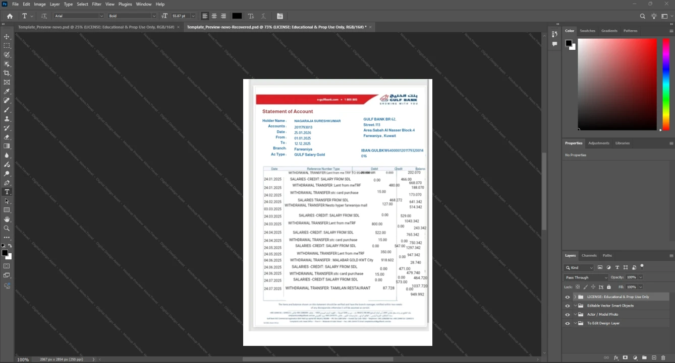 Kuwait Gulf Bank Bank Statement Template, Corporate style document in Word and PDF formats