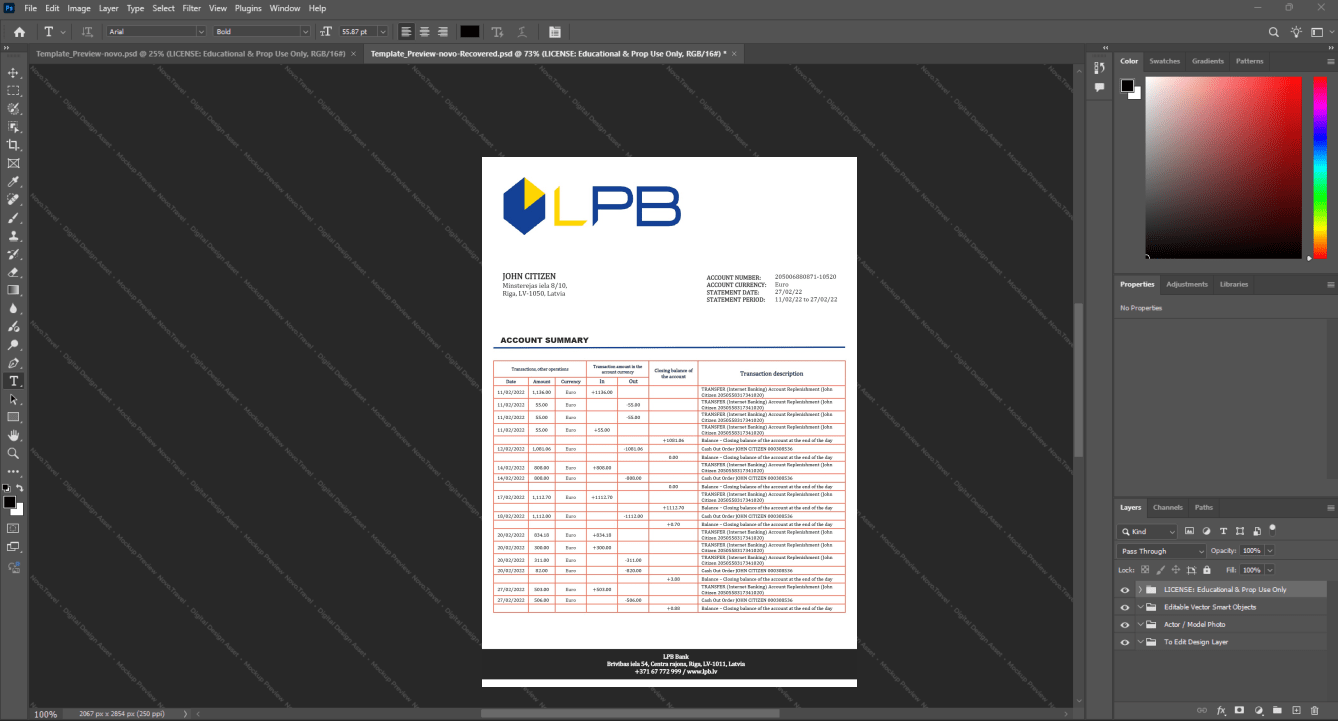 Latvia LPB Bank Bank Statement Template, Quick edit template in Word and PDF format