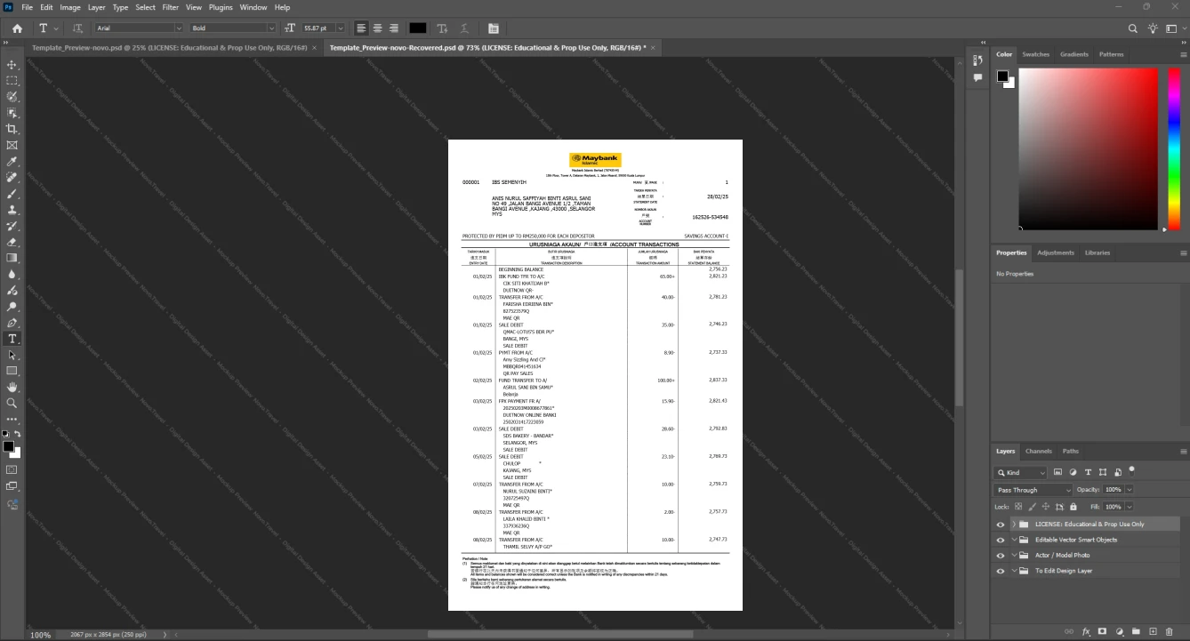 Malaysia Maybank Islamic Berhad Bank Statement Template, High-quality template in Word and PDF format