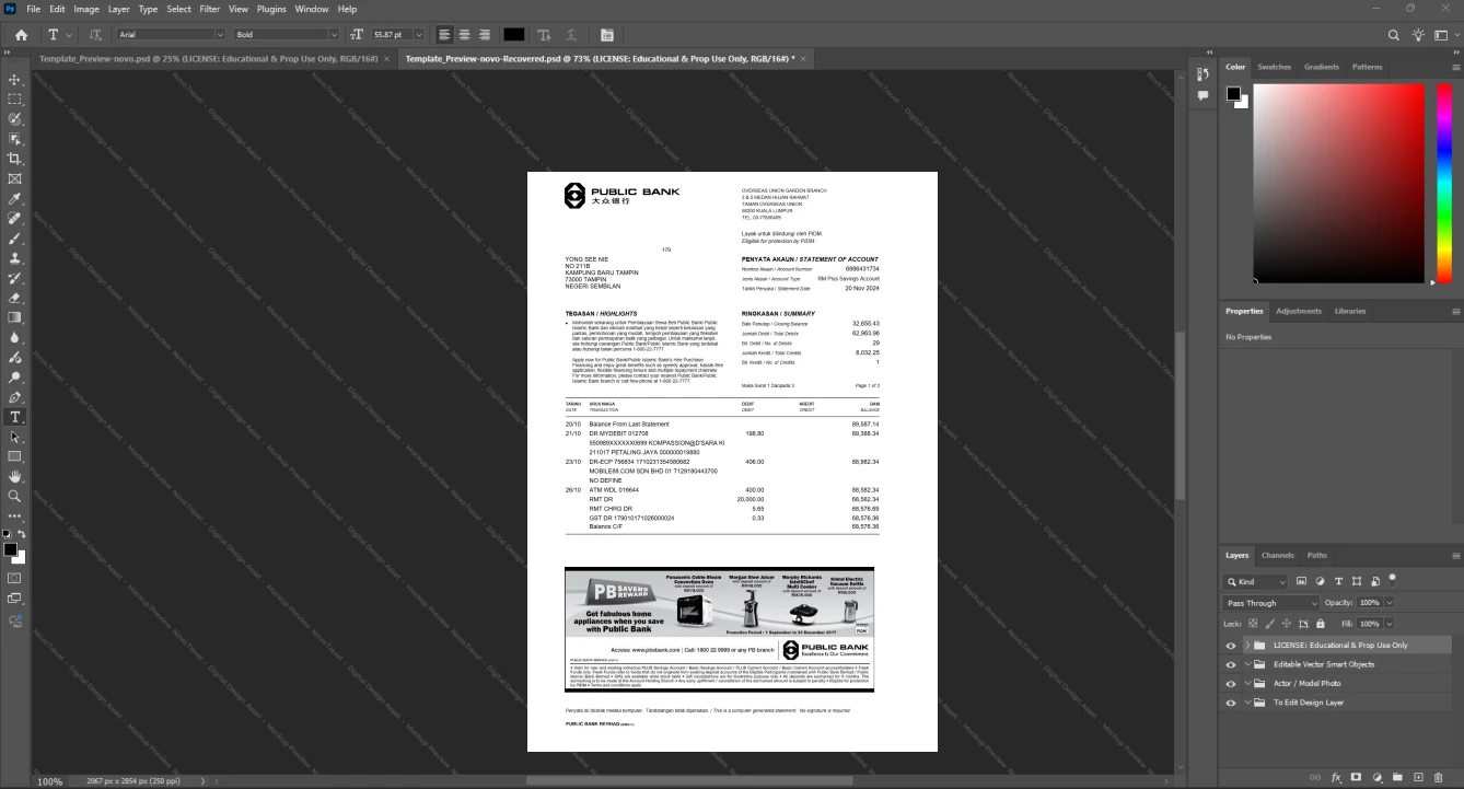 Malaysia Public Bank Berhad Bank Statement Template, Print-ready in PDF layout