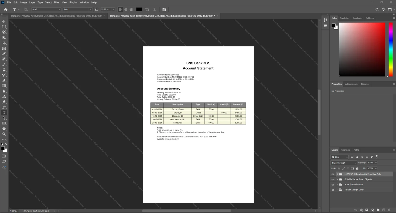 Netherlands SNS Bank SNS Bank Statement Template, Print-ready template in Word and PDF