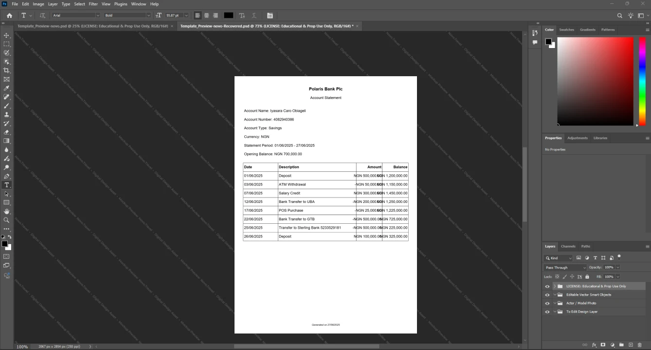 Nigeria Polaris Bank Plc Bank Statement Template, Available in editable Word and PDF format