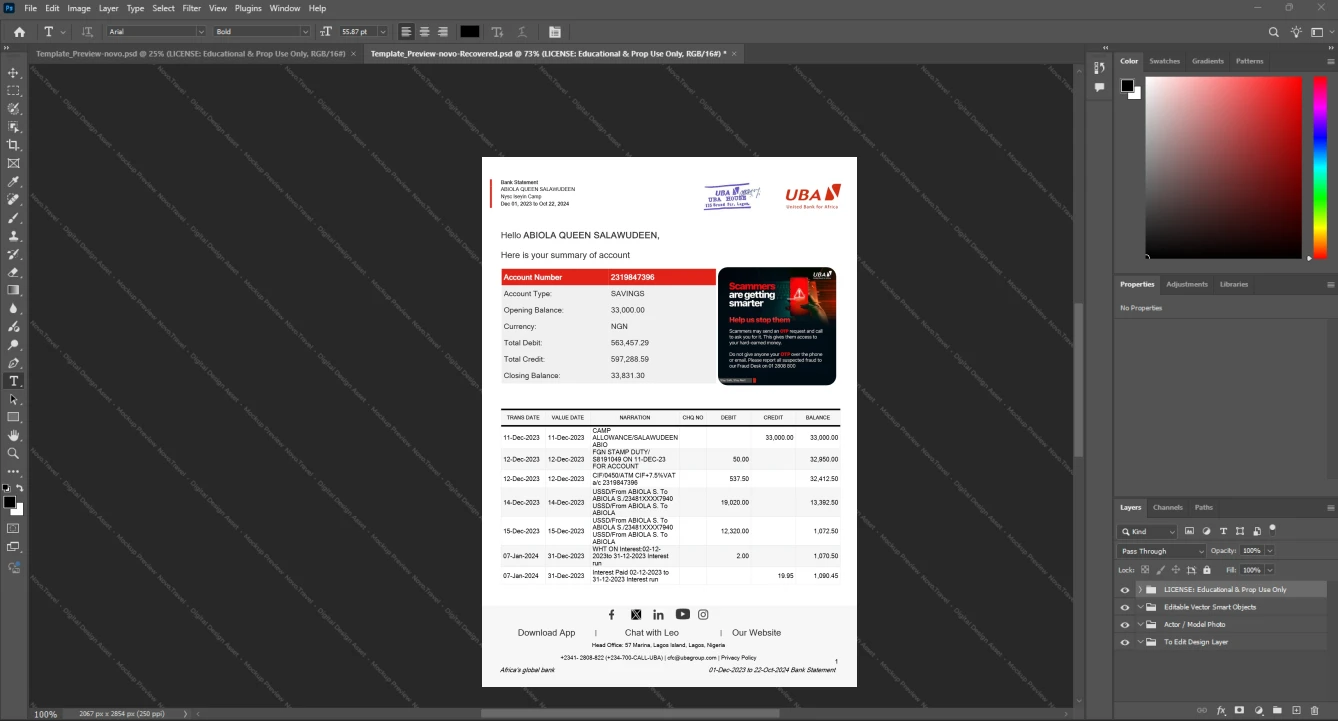 Nigeria United Bank for Africa UBA Bank Statement Template, Blank template in Word and PDF format
