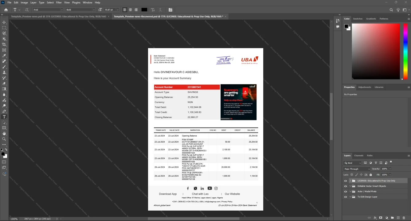 Nigeria United Bank for Africa UBA Bank Statement Template, Digital download template in Word and PDF