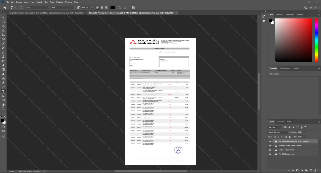 Oman Bank Muscat Bank Statement Template, Fully structured template in Word and PDF format