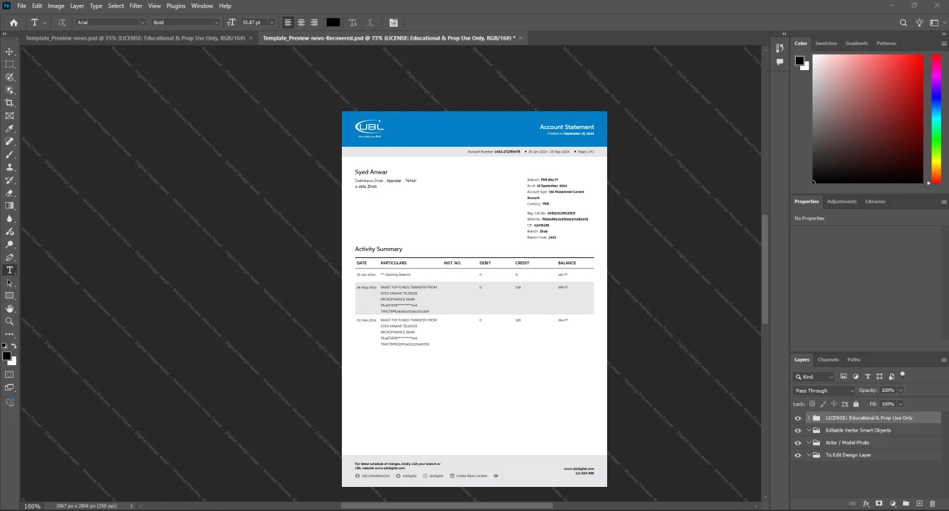 Pakistan United Bank Limited UBL Bank Statement Template, Standard printable layout in Word and PDF