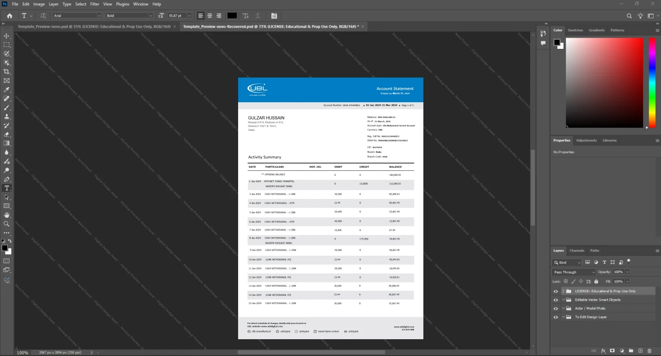 Pakistan United Bank Limited UBL Bank Statement Template, Fully structured template in Word and PDF format