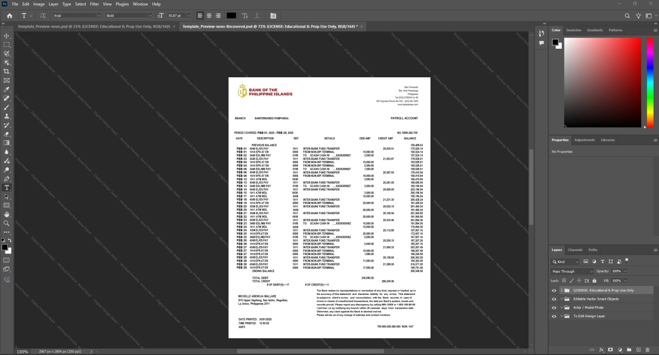 Philippines Bank of the Philippine Islands BPI Bank Statement Template, Fully structured template in Word and PDF format