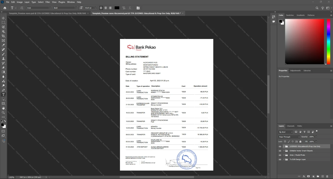 Poland Bank Pekao Bank Statement Template, Ready to print in Word and PDF format